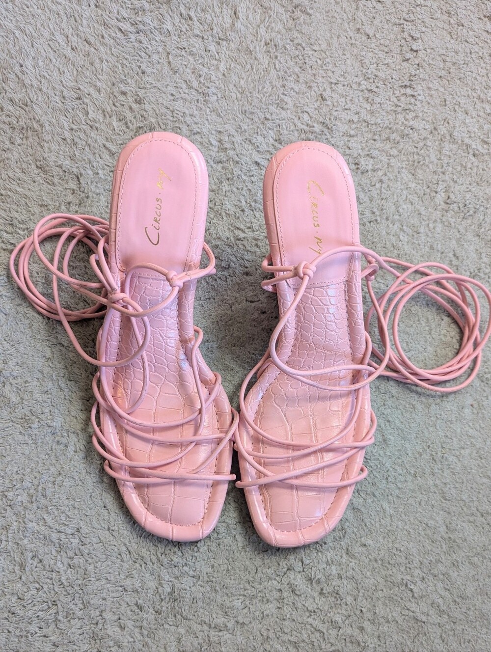 Circus NY Sam Edelman Size 9M Blanche Pink Crocodile Lace Up Strappy Heel